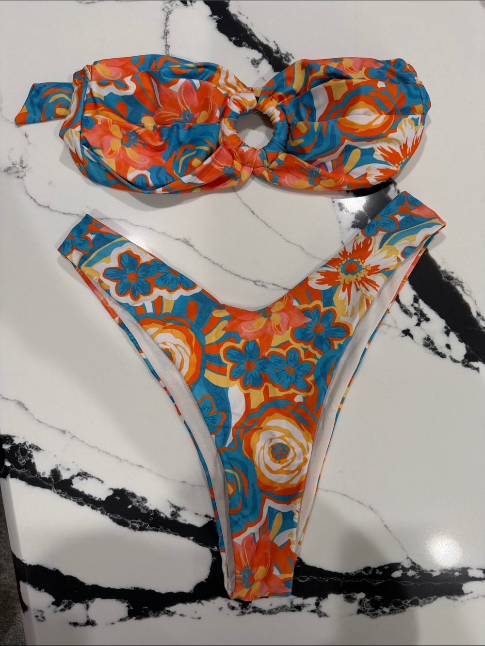 SHEIN Blue Orange Floral Ring-Front Bandeau Bikini